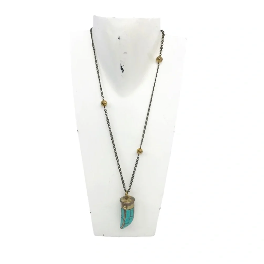 JUNIM Women's Horn Pendant Necklace Boho Turquoise Brass Gold‎ OS